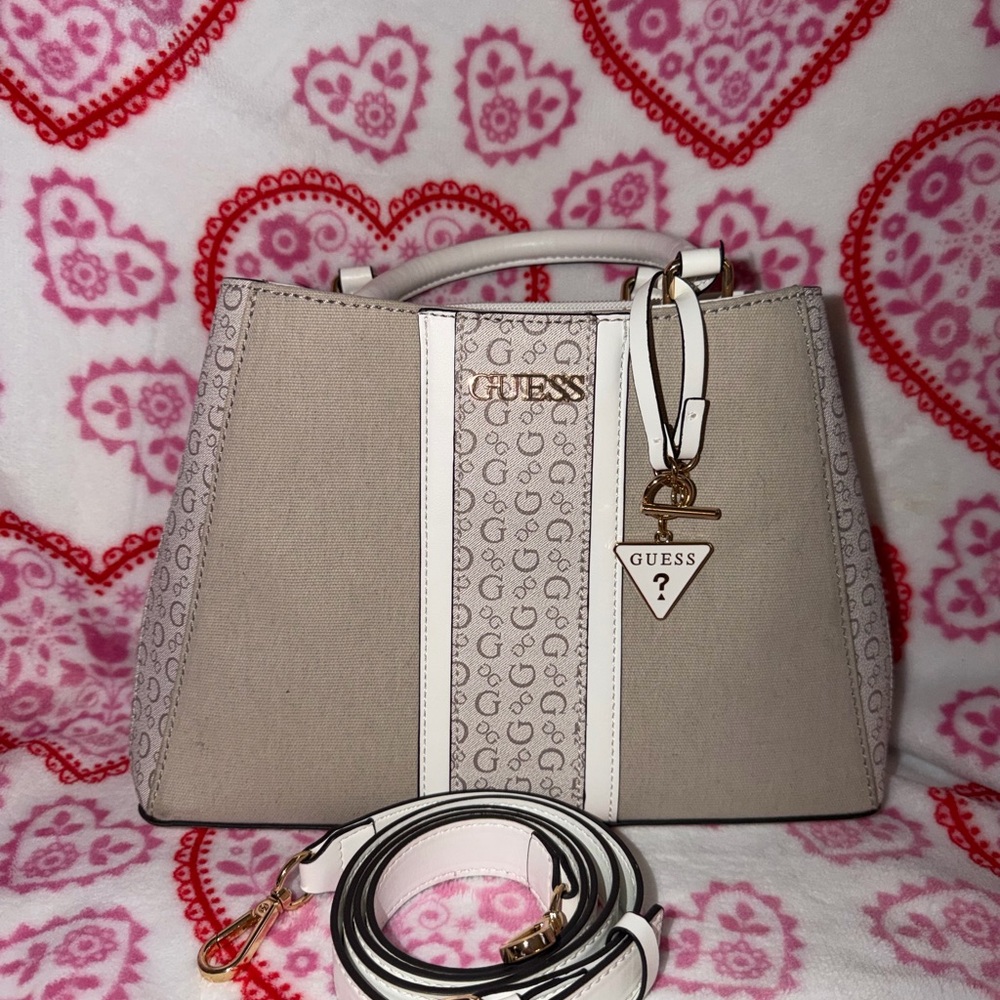 GUESS Cathleen Beige & White Satchel with Gold Charm